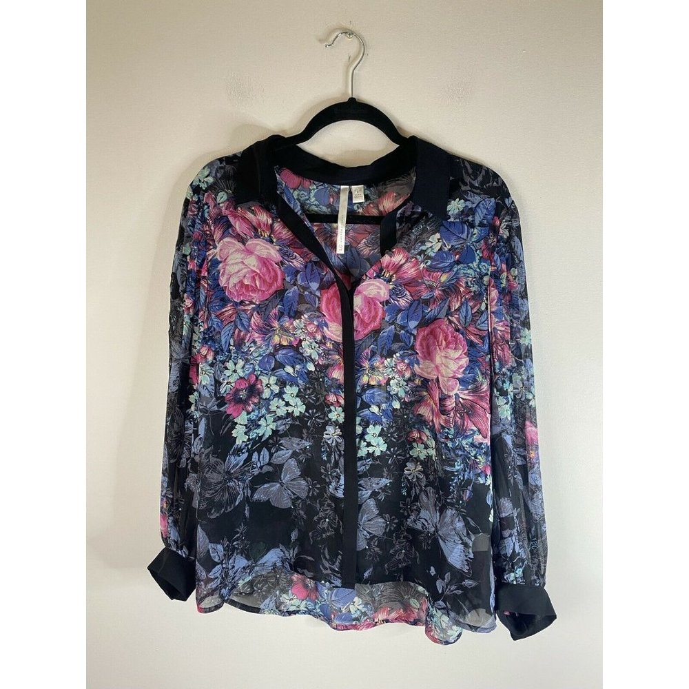 Lauren Conrad Sheer Long Sleeve Top Bright Night Floral Size L NWT